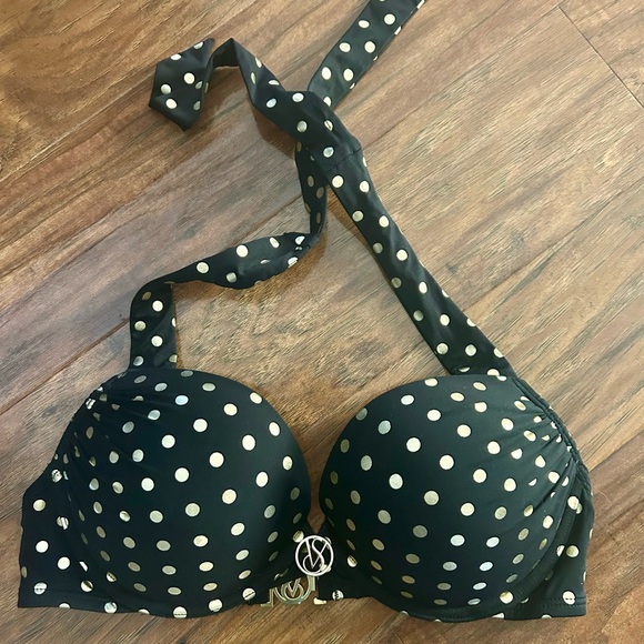 Victorias Secret Black and Gold Polka Dot Bombshell Push-Up Bikini Top, Size 34C - Picture 2 of 5